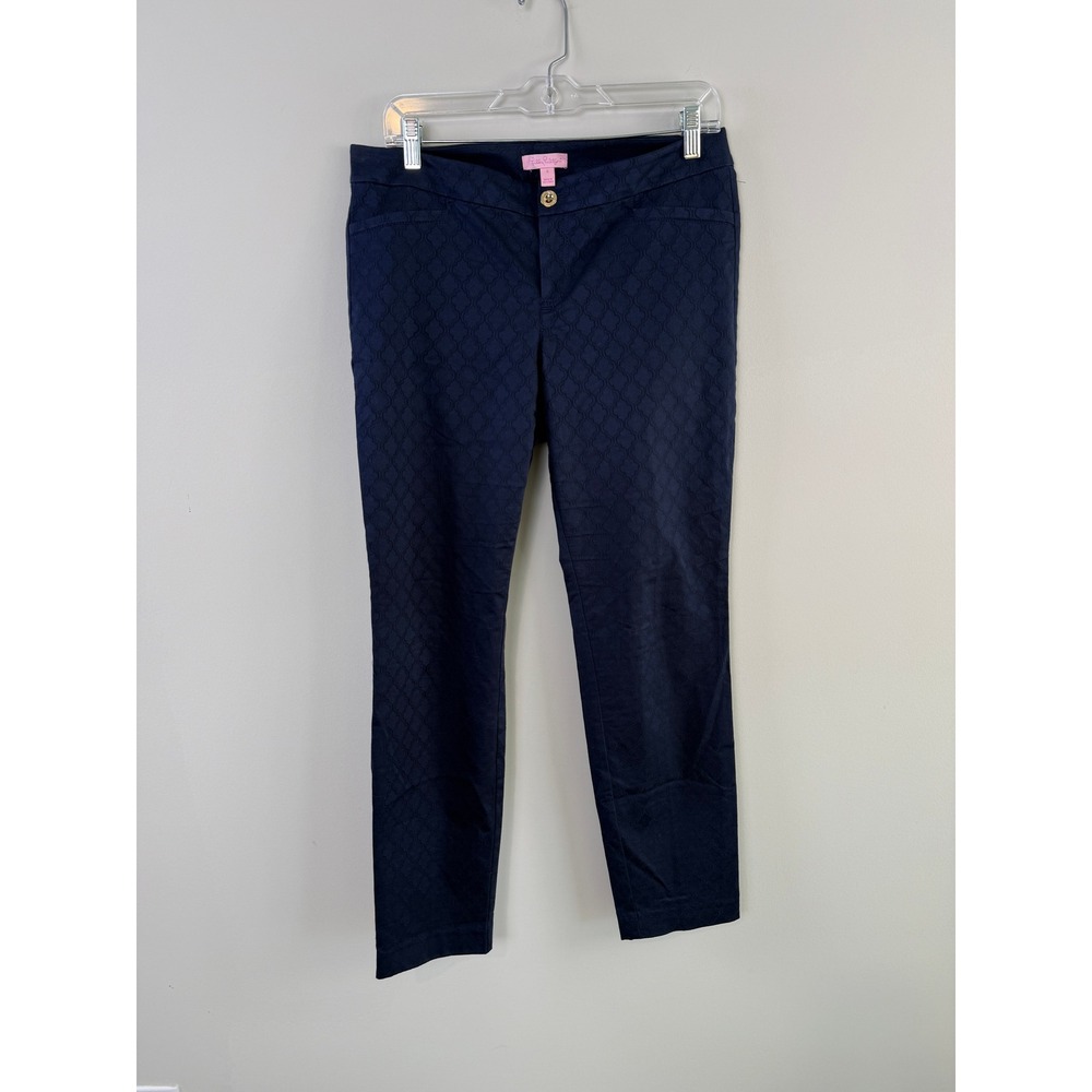 Lilly Pulitzer Kelly Textured Skinny Pants Navy Ankle Length Stretch Preppy 8